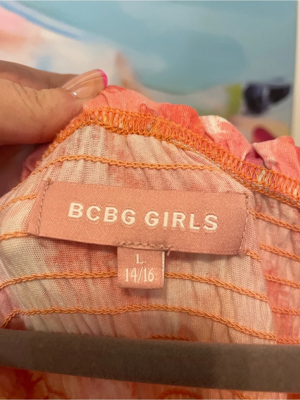 BCBG Y2K Girls' Pink &‎ Orange Tie-Dye Smocked Puff-Sleeve Dress Large 14/16